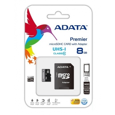 8 GB paměťová Micro SD karta ADATA + SD Adaptér, CLASS 10